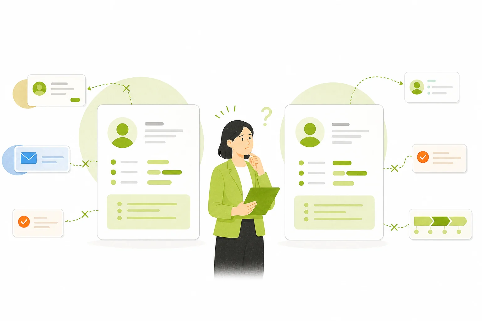 表記の違う同じ会社と分かれた商談や人物情報を照合する担当者のイラスト