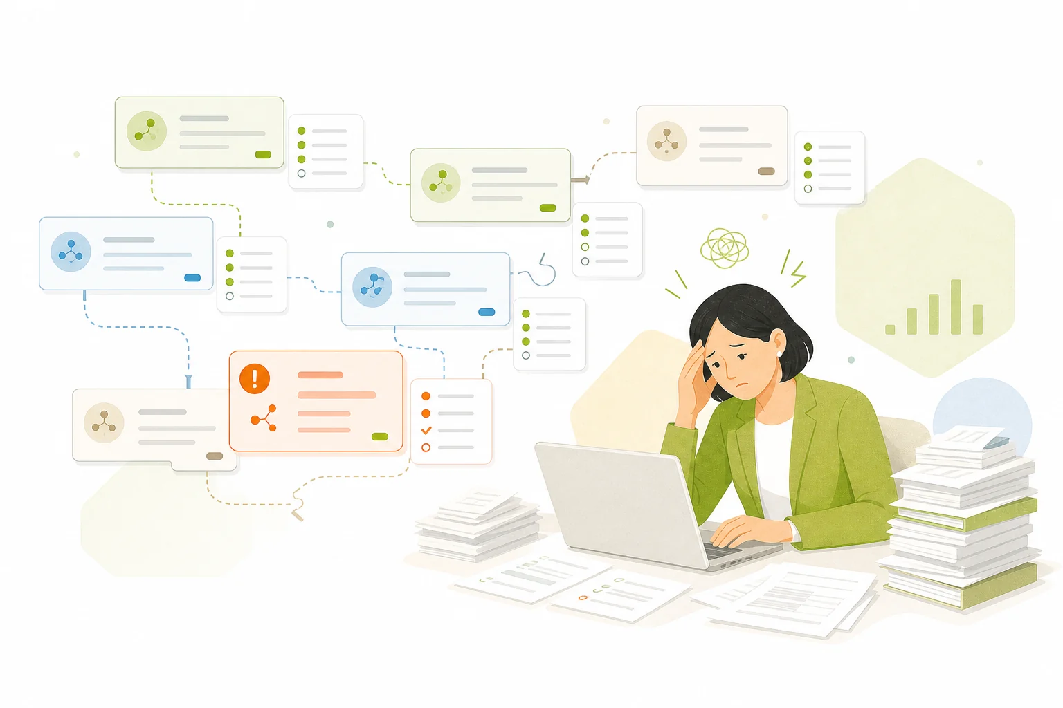 分散したモデルと手作業の検査表に追われる運用担当者のイラスト