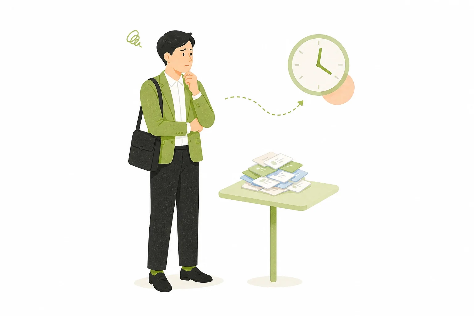積み上がった名刺と時計を前に入力待ちを気にする担当者のイラスト