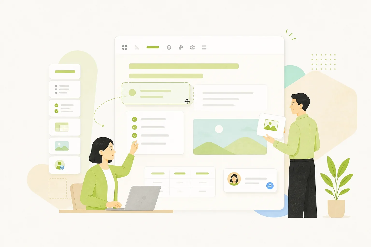 見出しや表や画像のブロックを使って文書を組み立てるイラスト