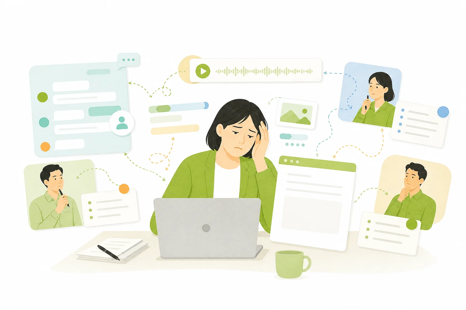 会議後に複数人のメモと録画を一つへ清書する担当者のイラスト