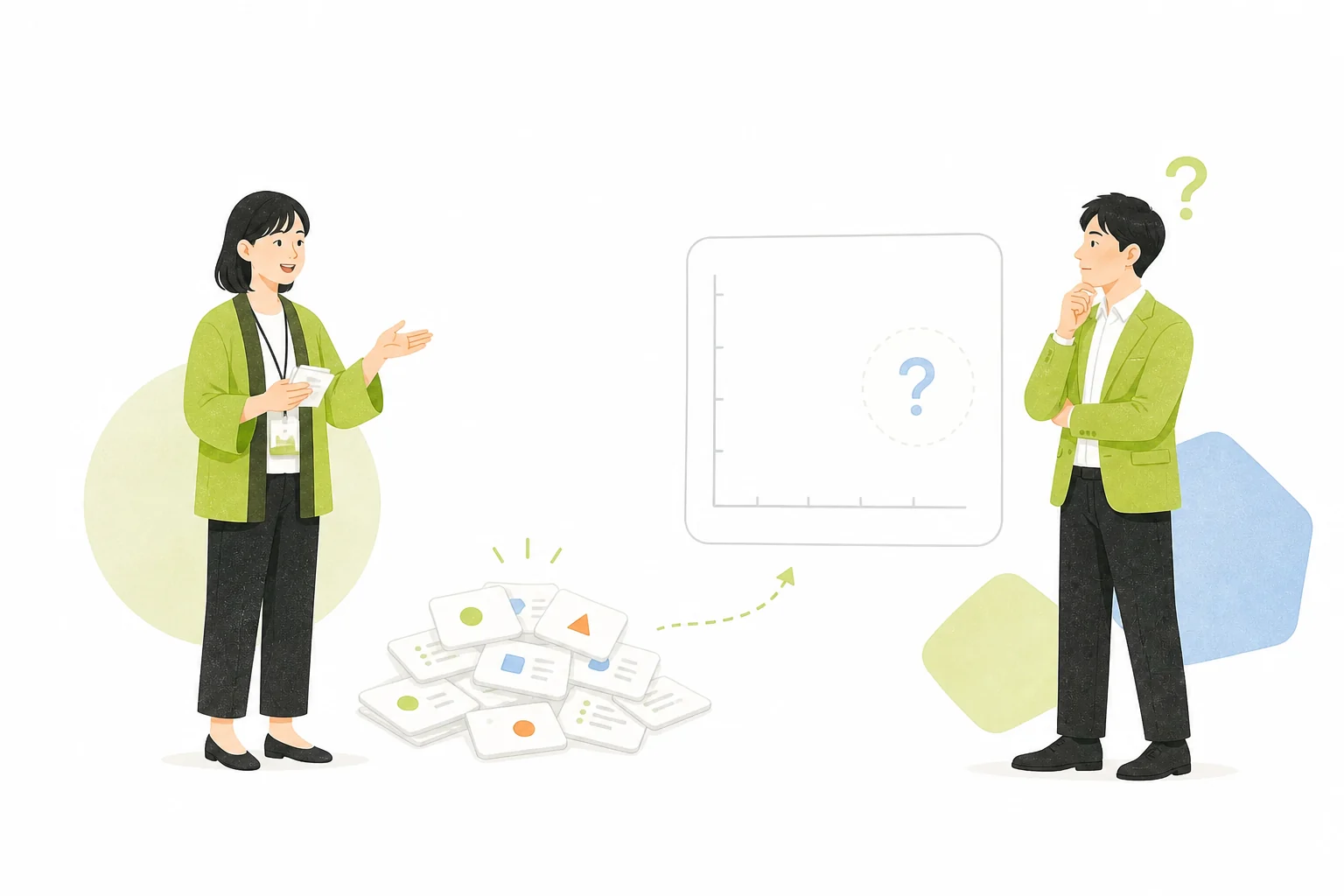 名刺の束だけではイベント成果を説明できず相談する担当者たちのイラスト