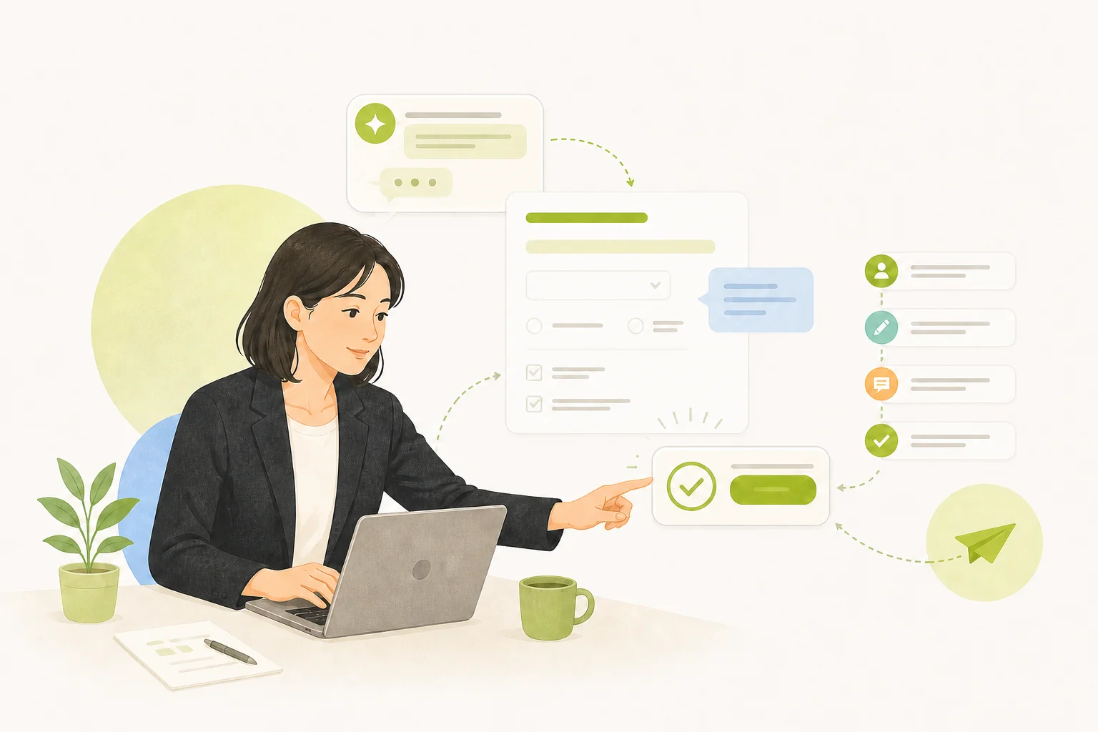 AIのフォーム下書きを担当者が確認して公開を承認するイラスト