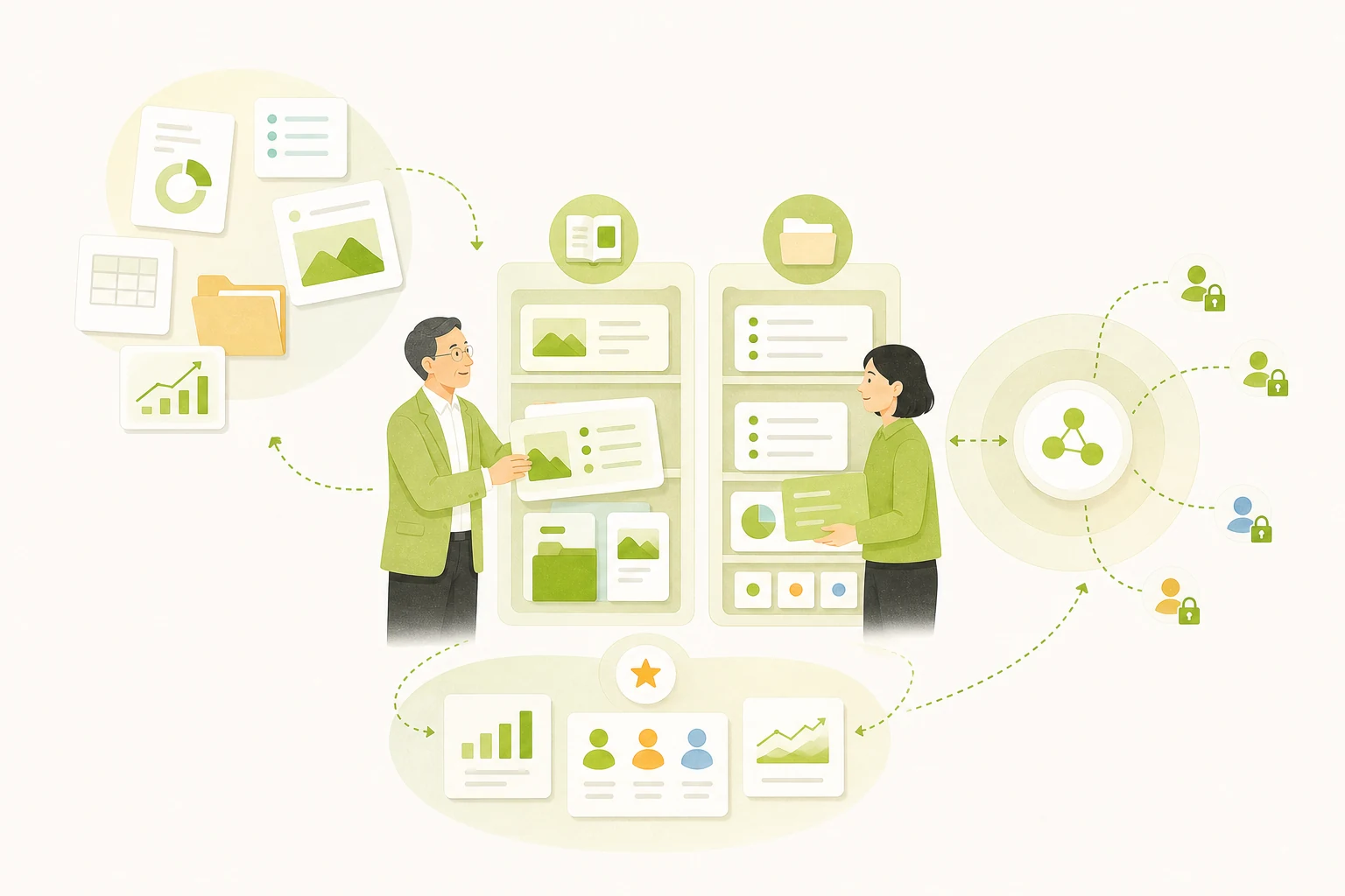 人とAIが公開範囲を守りながら会社の知識を利用するイラスト