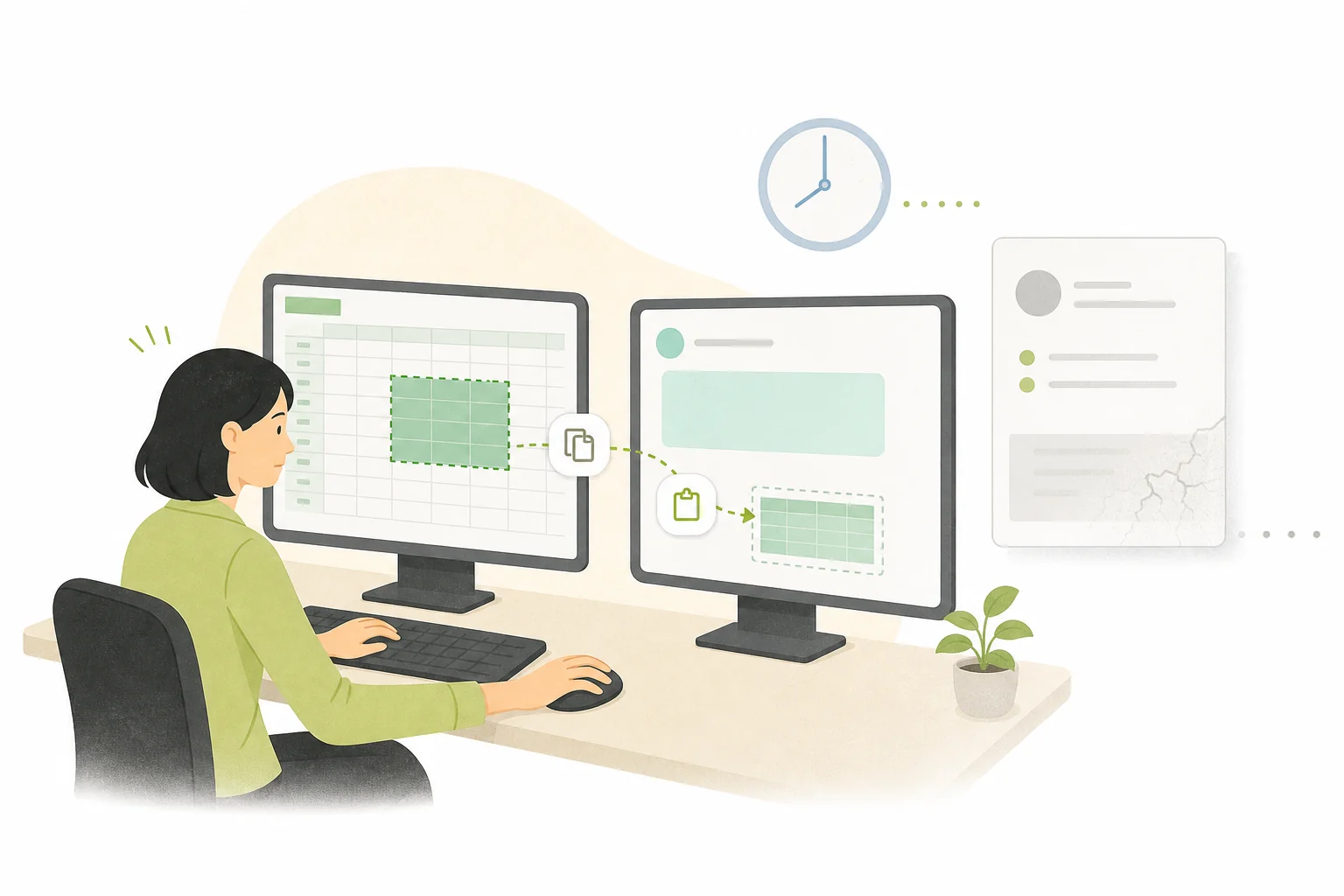 表計算データを手作業でAIの会話へ移す担当者のイラスト