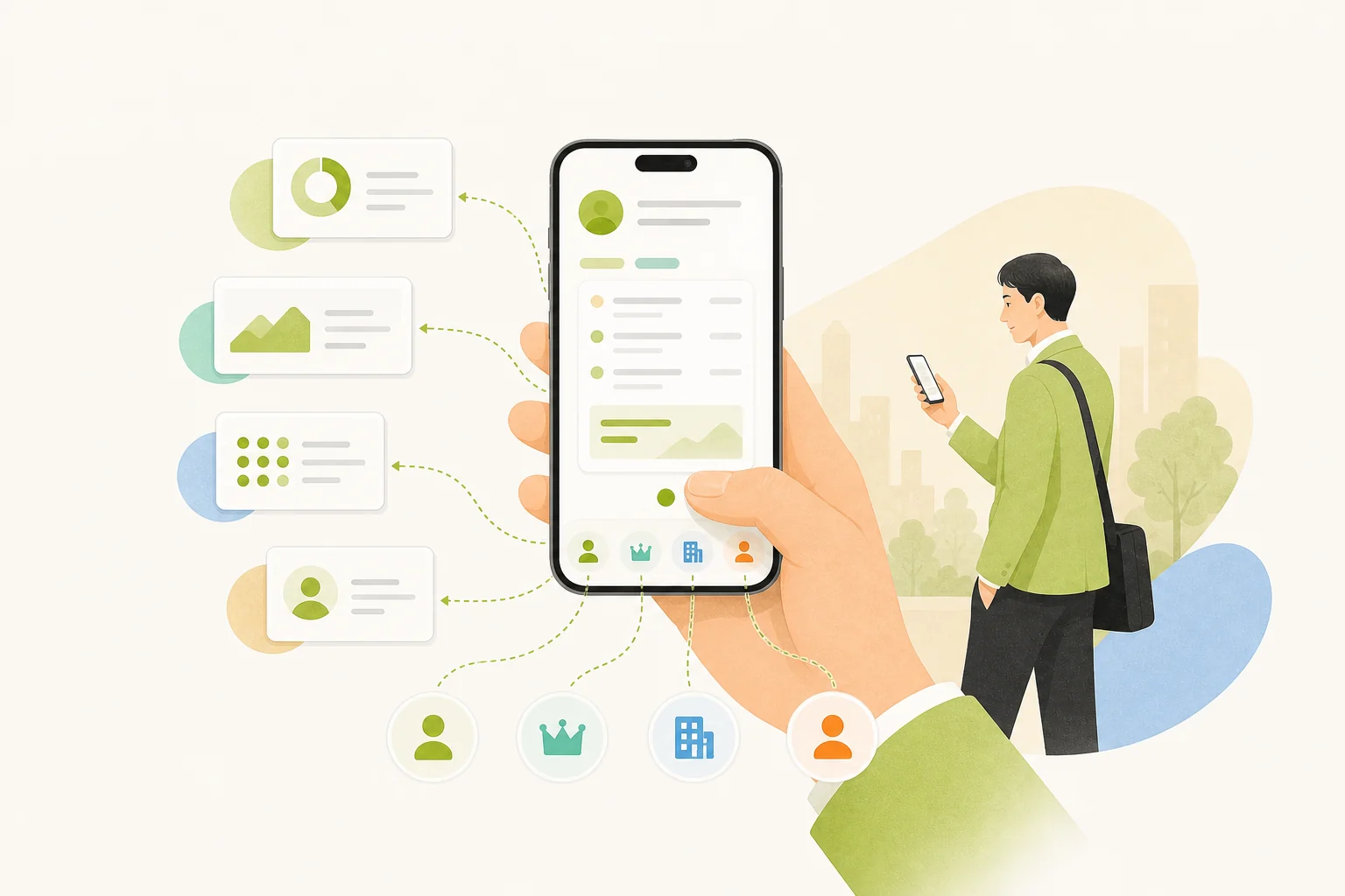スマートフォンの下部タブから外出向け四領域へ移動するイラスト