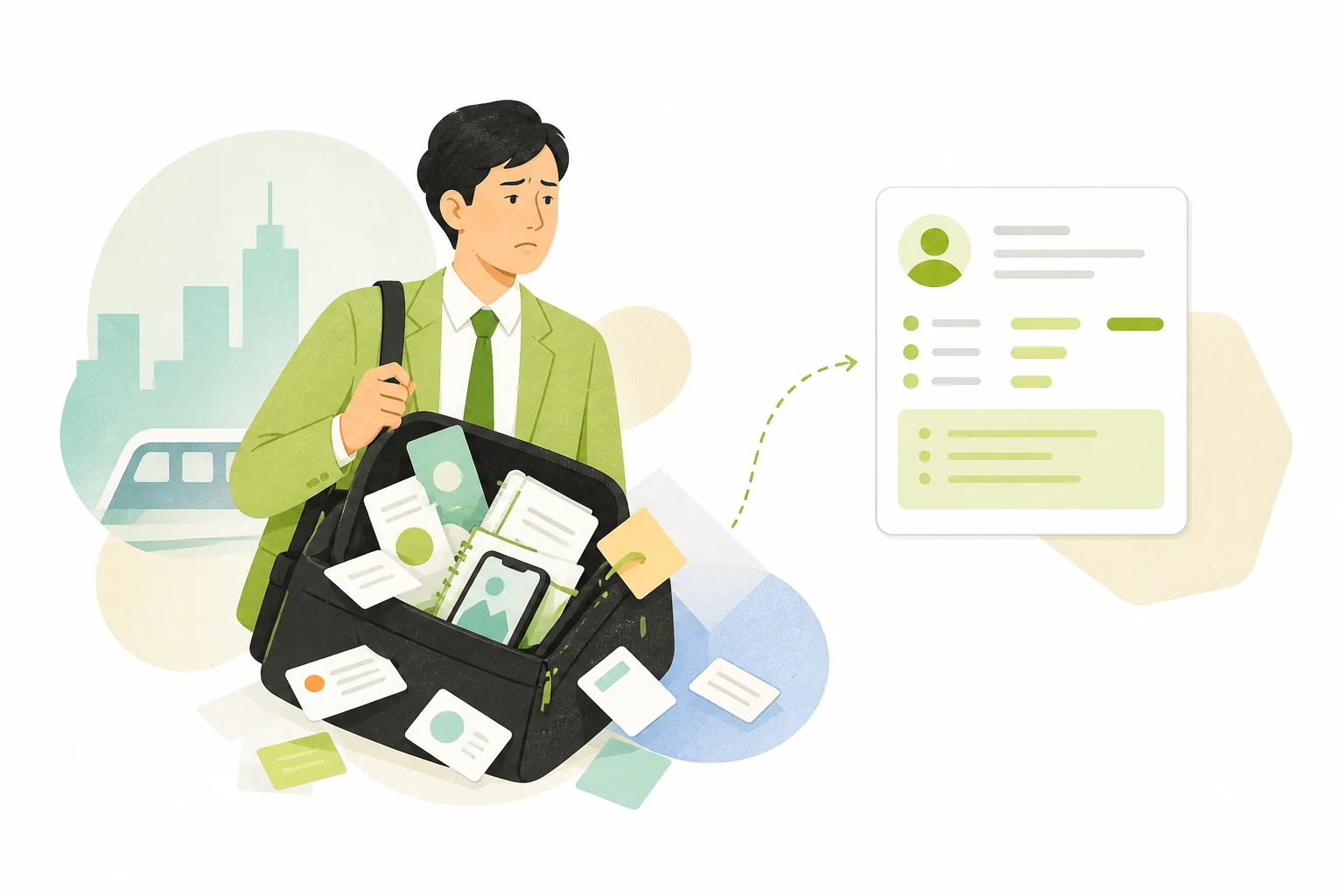 外出中の名刺とメモがたまり帰社後の入力を心配する担当者のイラスト