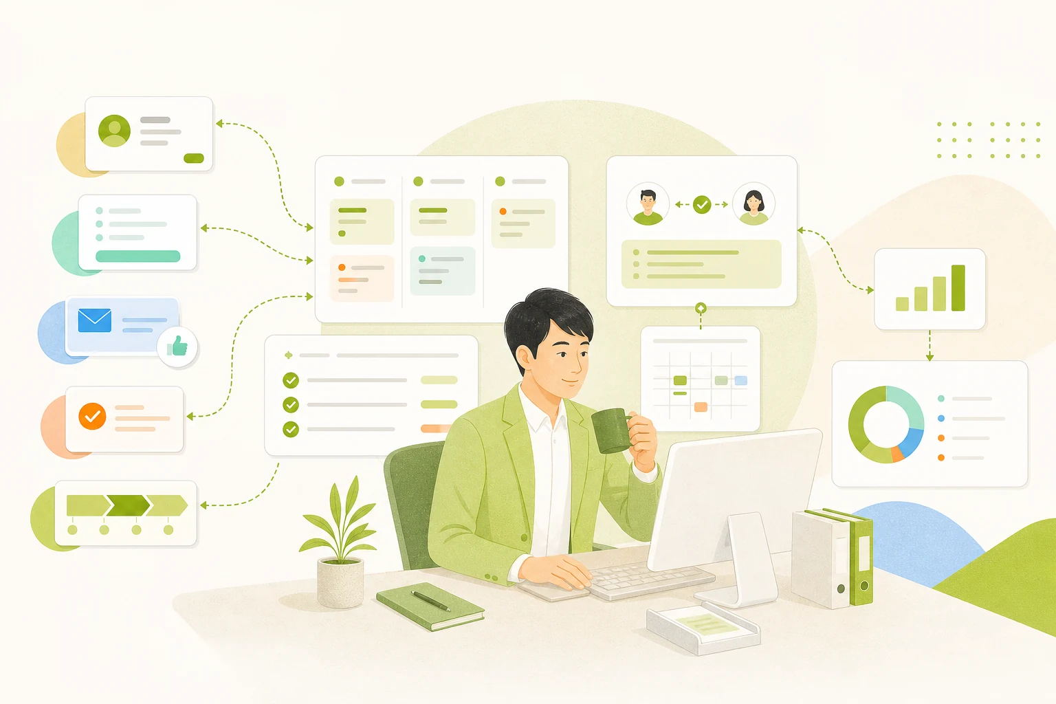 案件や社内ボードの仕事が朝のマイデスクへ集まる担当者のイラスト