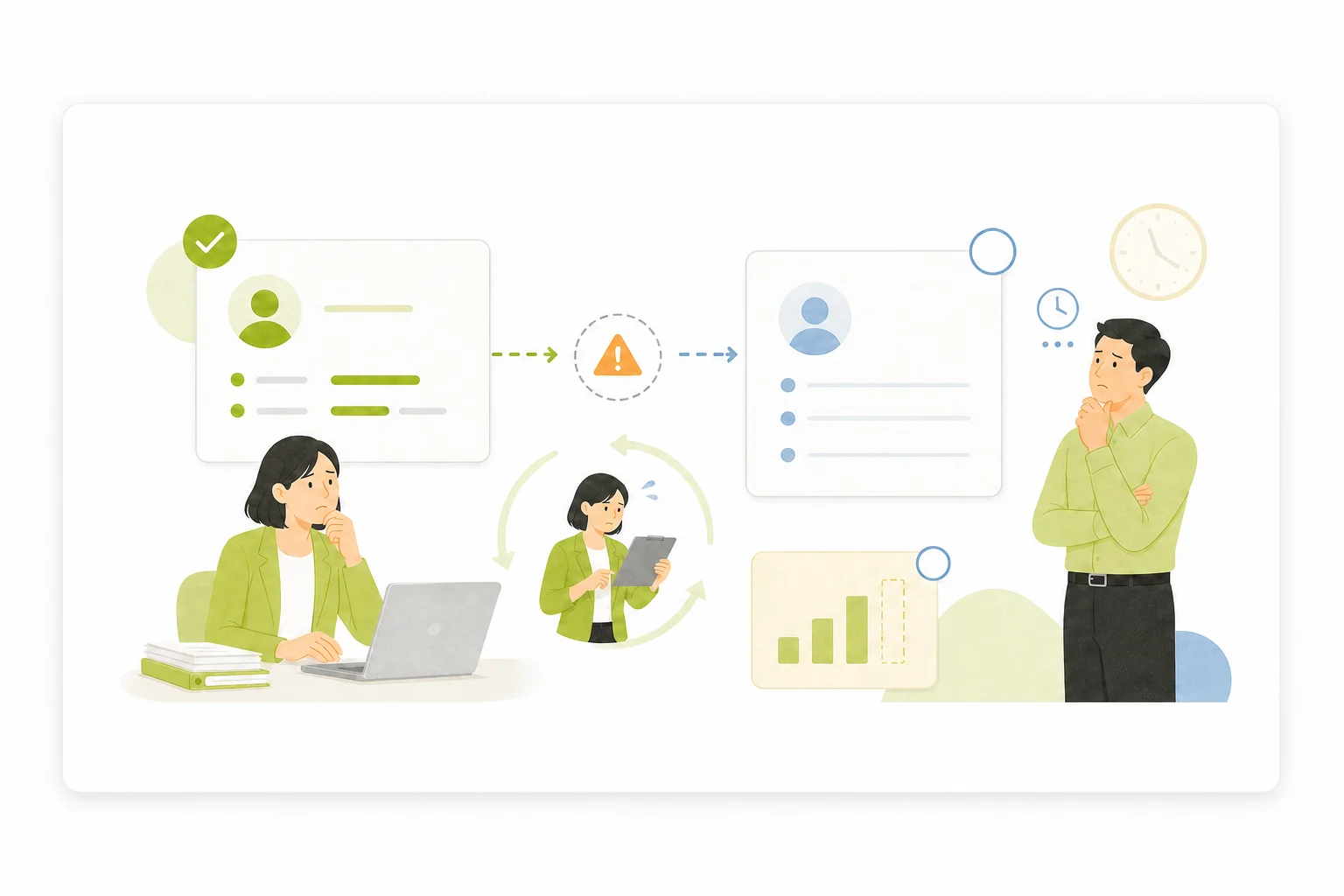 完了したタスクと別の工数表がつながらず原価データを待つ担当者のイラスト