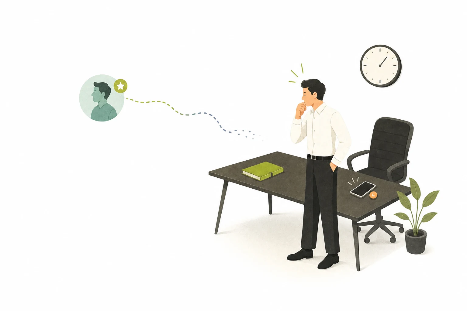 フォローを忘れたことに気づいた担当者と時計のイラスト